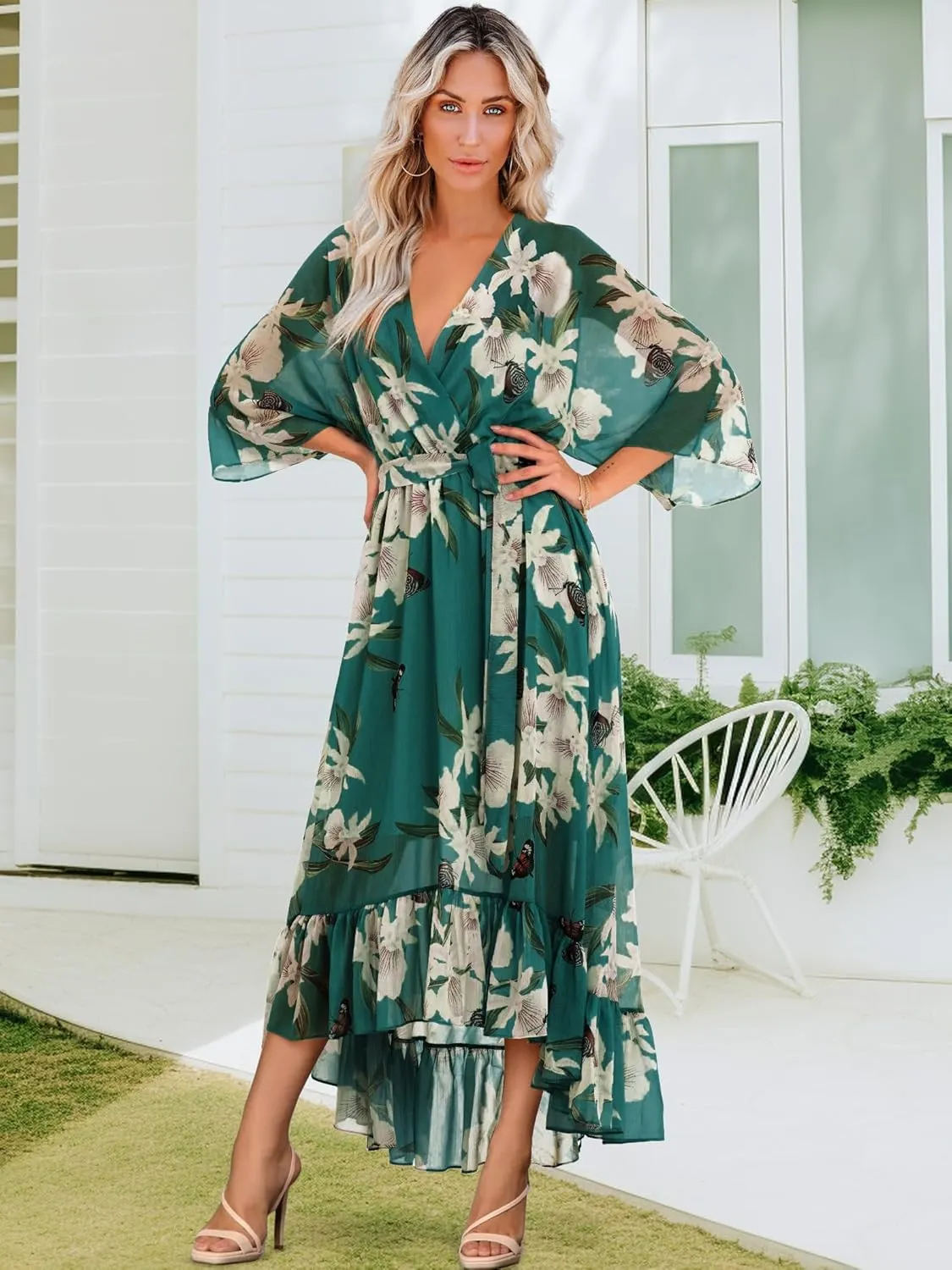 Women's Summer Floral Boho Dress 3/4 Sleeve Wrap V Neck Flowy Casual Loose Wedding Guest Long Maxi Ruffle Dresses