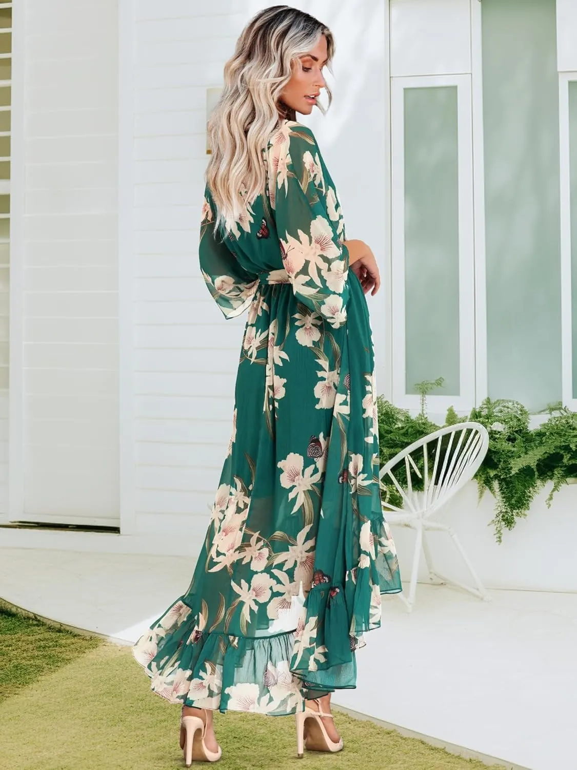 Women's Summer Floral Boho Dress 3/4 Sleeve Wrap V Neck Flowy Casual Loose Wedding Guest Long Maxi Ruffle Dresses