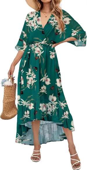 Women's Summer Floral Boho Dress 3/4 Sleeve Wrap V Neck Flowy Casual Loose Wedding Guest Long Maxi Ruffle Dresses