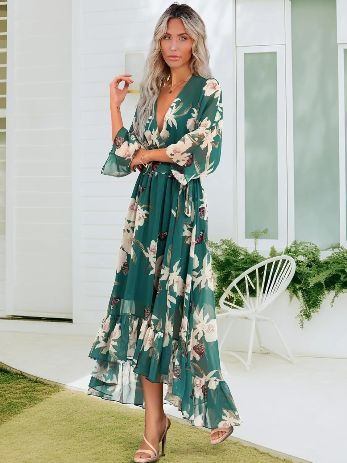 Women's Summer Floral Boho Dress 3/4 Sleeve Wrap V Neck Flowy Casual Loose Wedding Guest Long Maxi Ruffle Dresses