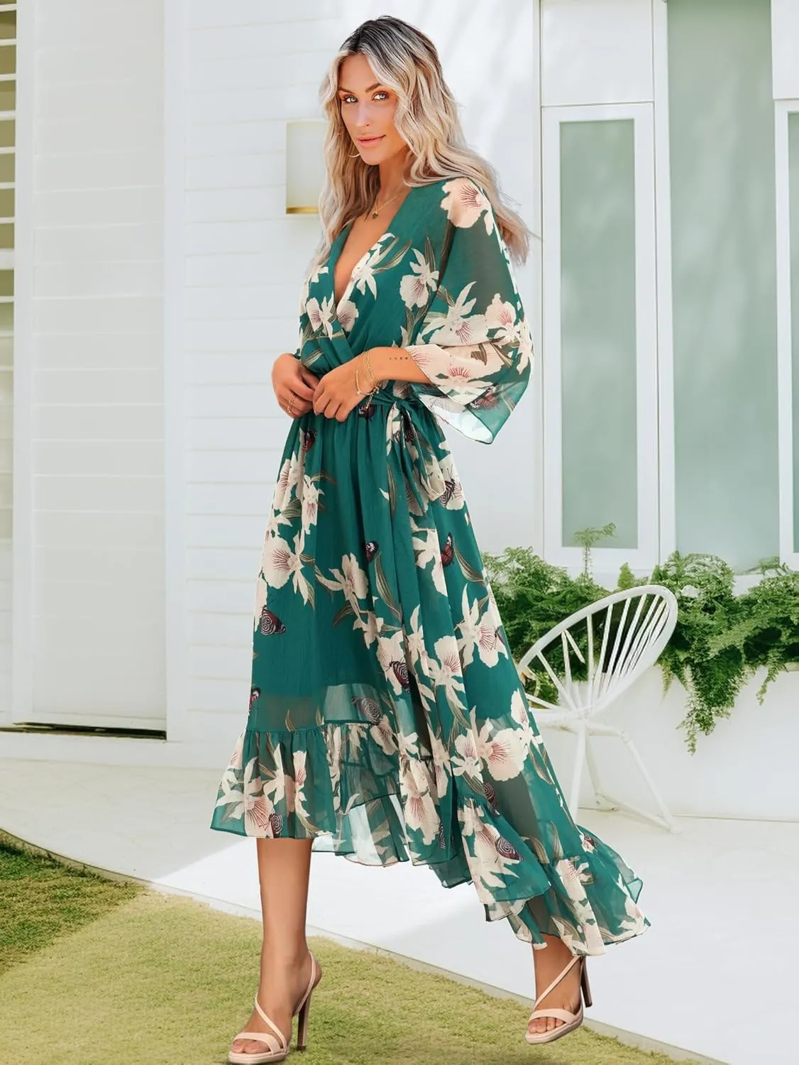 Women's Summer Floral Boho Dress 3/4 Sleeve Wrap V Neck Flowy Casual Loose Wedding Guest Long Maxi Ruffle Dresses
