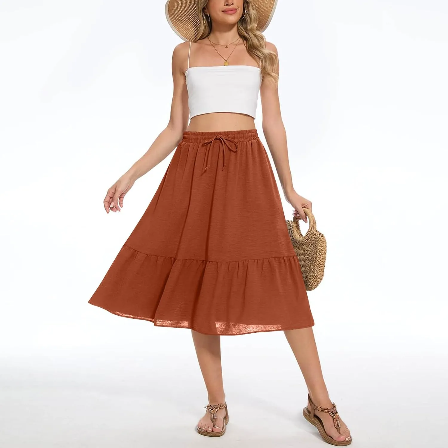 Women's Summer High Waisted Skirts Tiered Ruffle Skirts Boho Flowy Swing Pleated Skirt Casual A-Line Maxi Skirt
