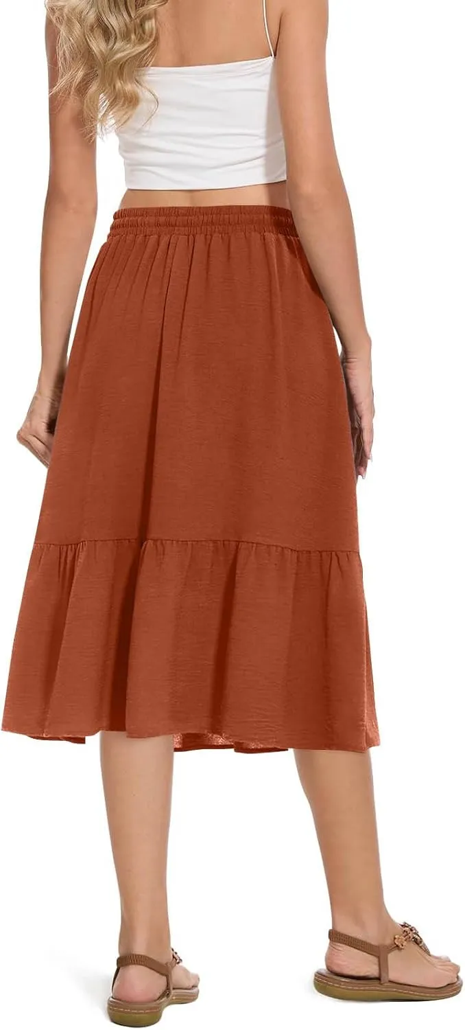 Women's Summer High Waisted Skirts Tiered Ruffle Skirts Boho Flowy Swing Pleated Skirt Casual A-Line Maxi Skirt