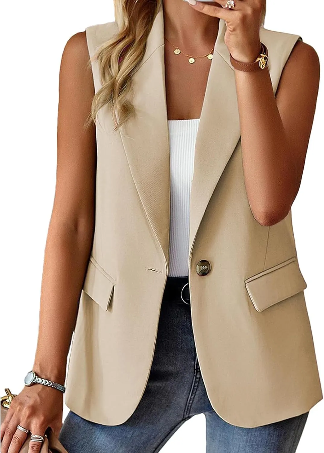 Women's Summer Sleeveless Vest Dressy Casual 2025 Blazer Lightweight Work Office Button Up Suit Vest with Pockets