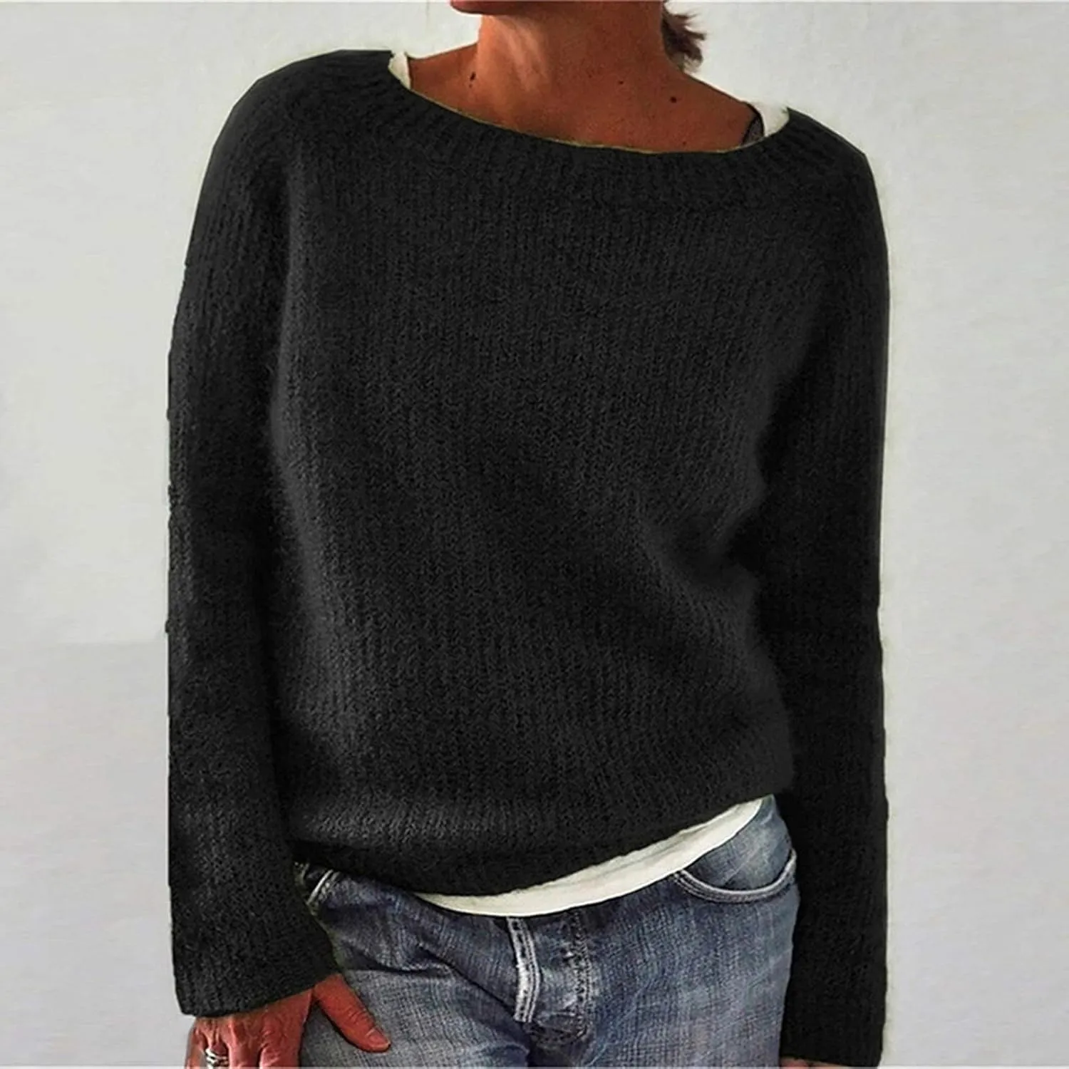 Womens Sweater Chunky Knit Solid Color Round Neck Long Sleeve Casual Soft Loose Fit Jumper Tops