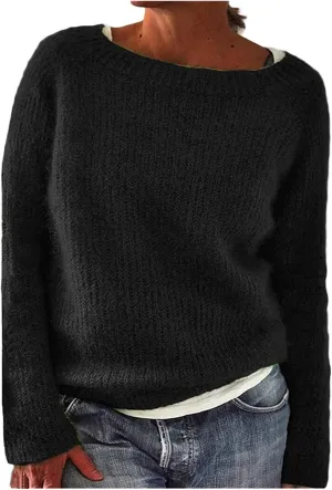Womens Sweater Chunky Knit Solid Color Round Neck Long Sleeve Casual Soft Loose Fit Jumper Tops