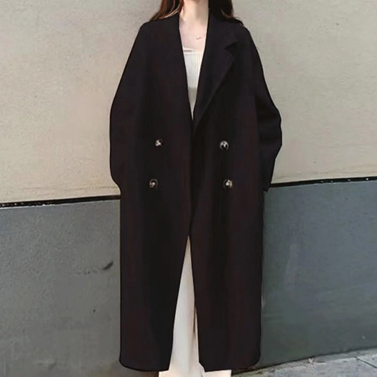 Women's Trench Coat 2024 Notched Lapel Collar Woolen Blend Pea Coat Elegant Double Breasted Mid-Long Overcoats