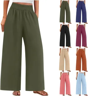 Womens Wide Leg Linen Pants 2025 Summer Casual Palazzo Pants Smocked Elastic Waist Spring Beach Trousers with Pockets