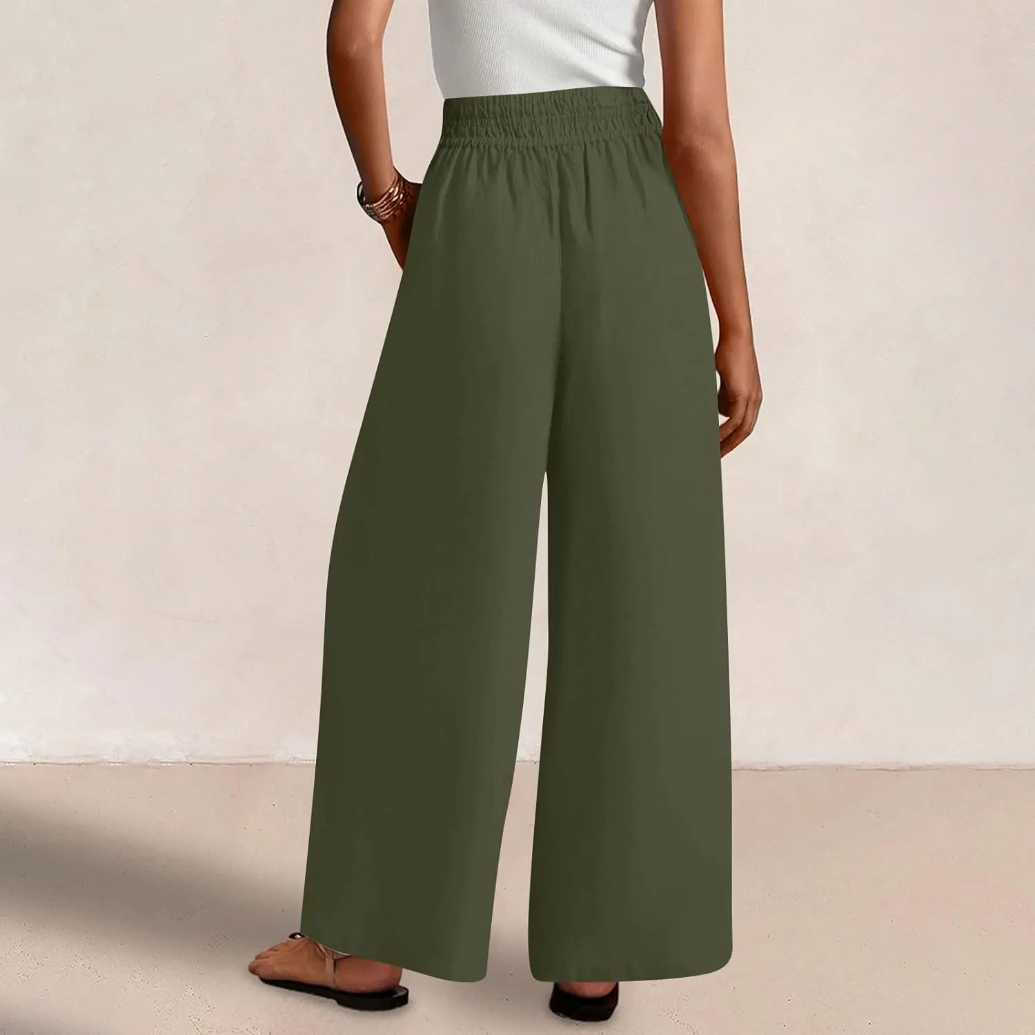 Womens Wide Leg Linen Pants 2025 Summer Casual Palazzo Pants Smocked Elastic Waist Spring Beach Trousers with Pockets