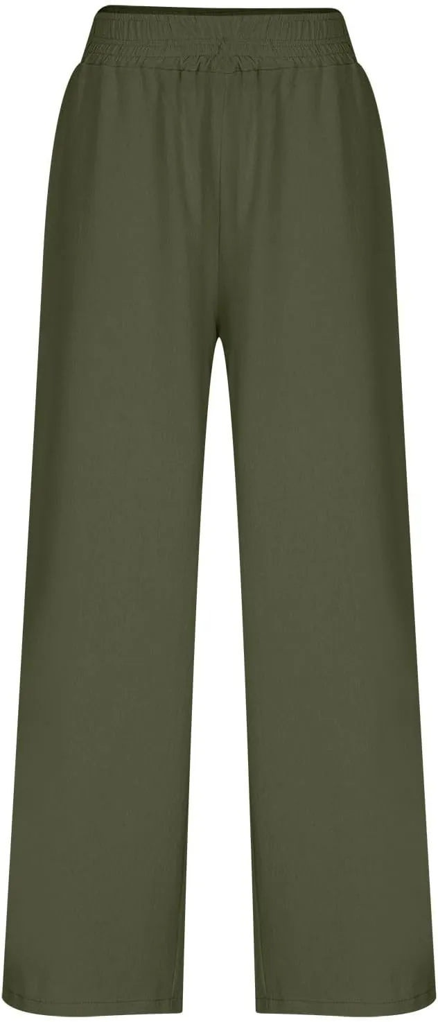 Womens Wide Leg Linen Pants 2025 Summer Casual Palazzo Pants Smocked Elastic Waist Spring Beach Trousers with Pockets