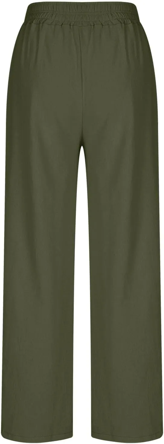 Womens Wide Leg Linen Pants 2025 Summer Casual Palazzo Pants Smocked Elastic Waist Spring Beach Trousers with Pockets