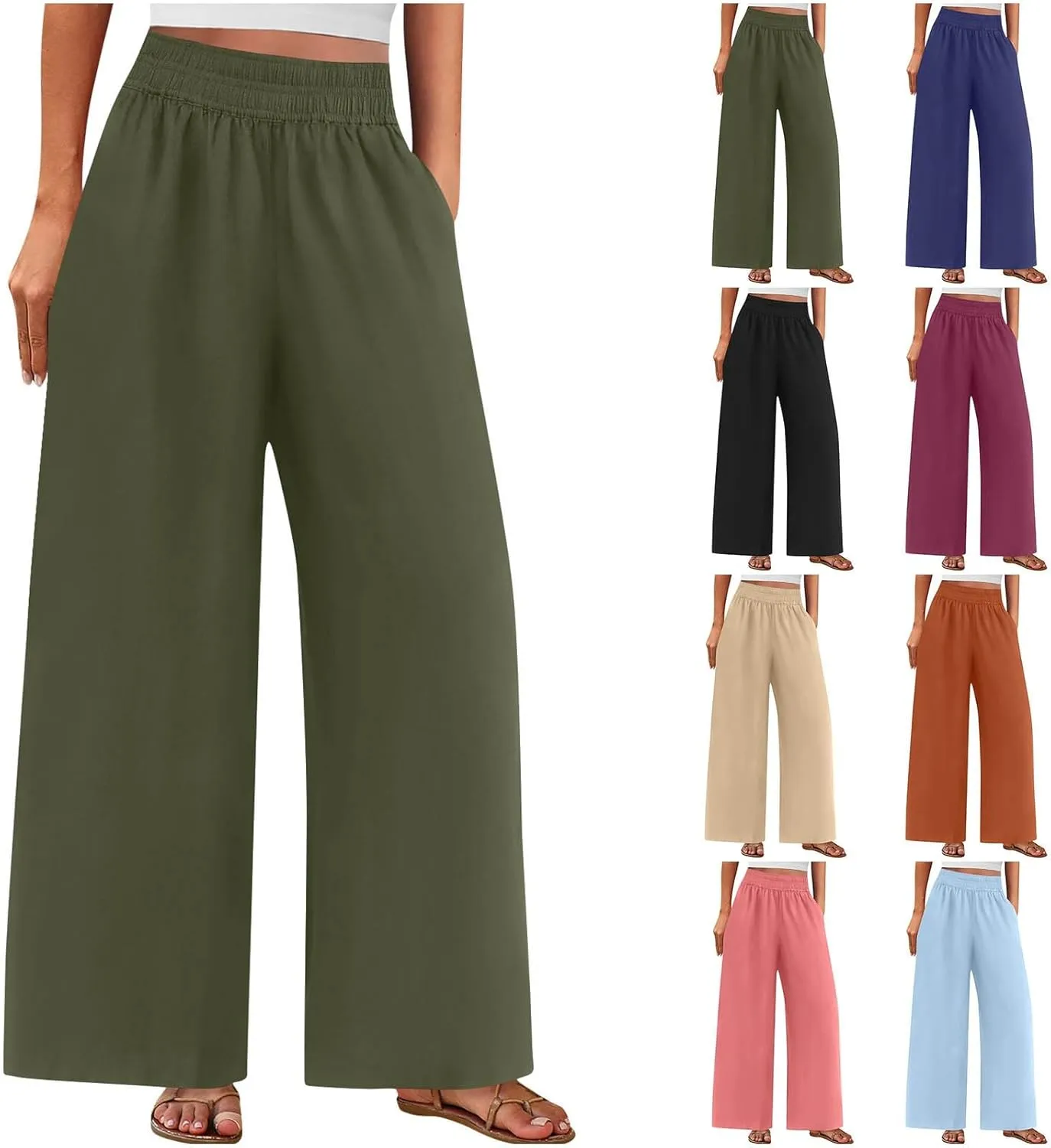 Womens Wide Leg Linen Pants 2025 Summer Casual Palazzo Pants Smocked Elastic Waist Spring Beach Trousers with Pockets