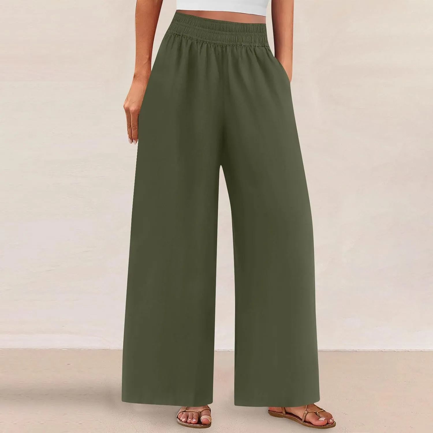 Womens Wide Leg Linen Pants 2025 Summer Casual Palazzo Pants Smocked Elastic Waist Spring Beach Trousers with Pockets