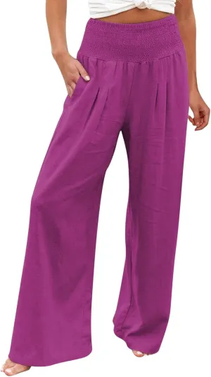 Womens Wide Leg Pants, Women Linen Palazzo Pants Summer Boho Wide Leg High Waist Casual Lounge Pant Trouser with Pockets