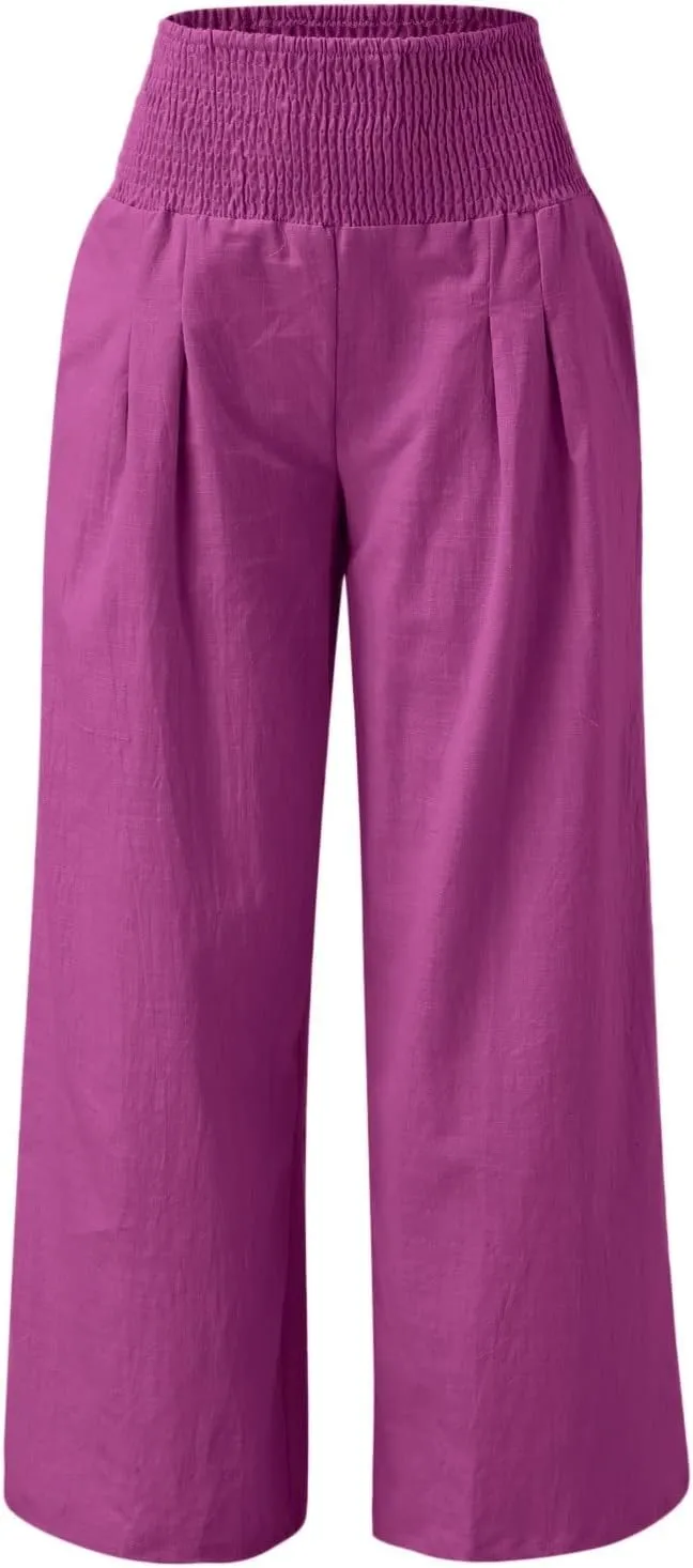 Womens Wide Leg Pants, Women Linen Palazzo Pants Summer Boho Wide Leg High Waist Casual Lounge Pant Trouser with Pockets