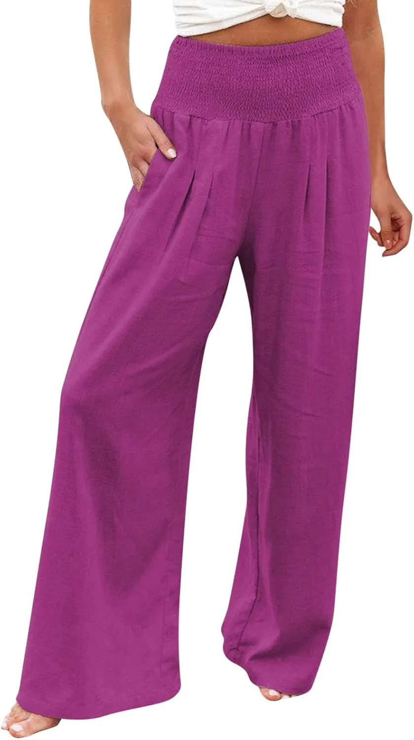 Womens Wide Leg Pants, Women Linen Palazzo Pants Summer Boho Wide Leg High Waist Casual Lounge Pant Trouser with Pockets