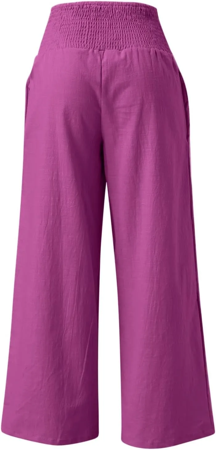 Womens Wide Leg Pants, Women Linen Palazzo Pants Summer Boho Wide Leg High Waist Casual Lounge Pant Trouser with Pockets