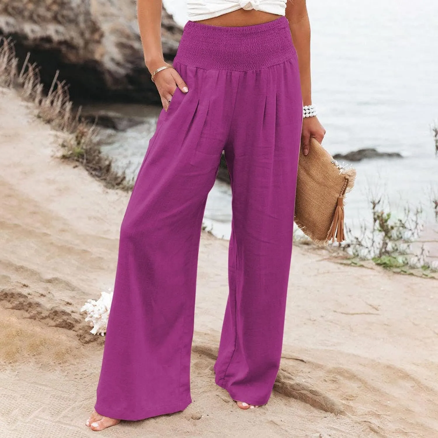 Womens Wide Leg Pants, Women Linen Palazzo Pants Summer Boho Wide Leg High Waist Casual Lounge Pant Trouser with Pockets