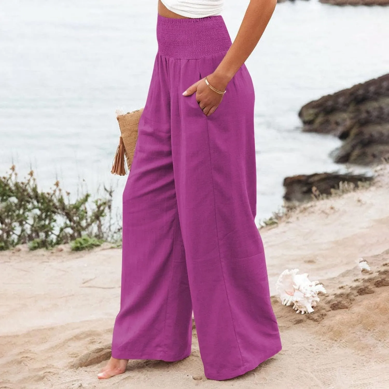 Womens Wide Leg Pants, Women Linen Palazzo Pants Summer Boho Wide Leg High Waist Casual Lounge Pant Trouser with Pockets