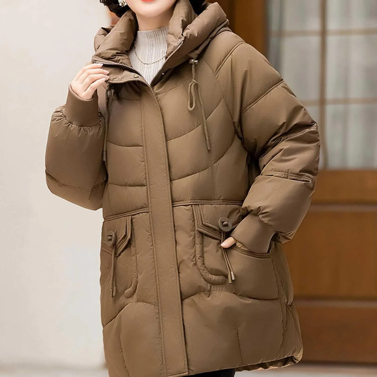 Women's Windproof Quilted Puffer Jackets Winter Warm Padded Down Coats Plus Size Drawstring Hooded Jacket with Pocket