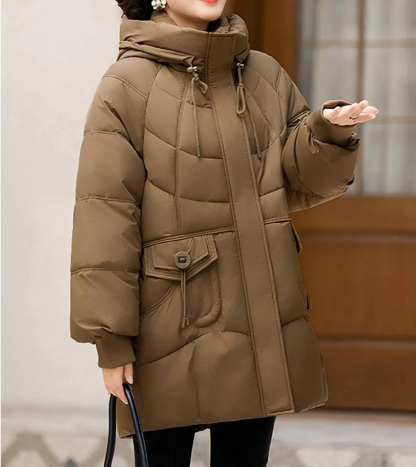 Women's Windproof Quilted Puffer Jackets Winter Warm Padded Down Coats Plus Size Drawstring Hooded Jacket with Pocket
