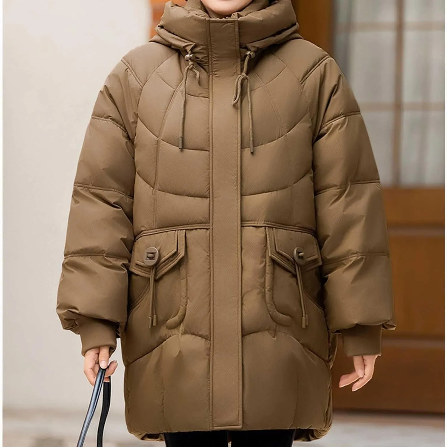 Women's Windproof Quilted Puffer Jackets Winter Warm Padded Down Coats Plus Size Drawstring Hooded Jacket with Pocket