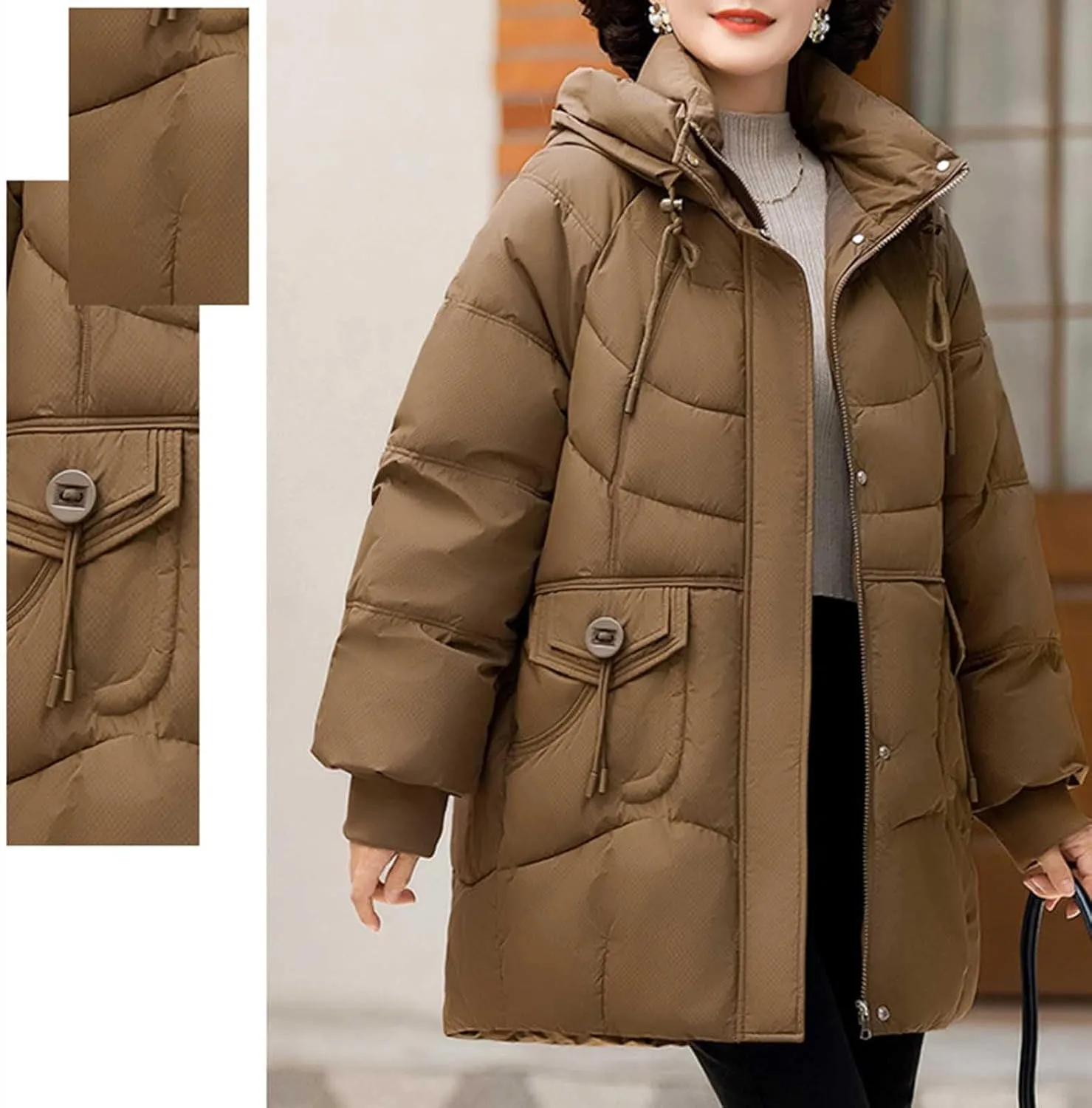 Women's Windproof Quilted Puffer Jackets Winter Warm Padded Down Coats Plus Size Drawstring Hooded Jacket with Pocket