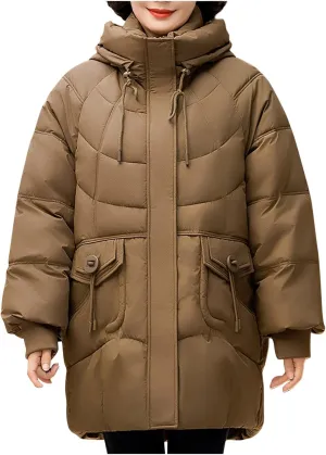 Women's Windproof Quilted Puffer Jackets Winter Warm Padded Down Coats Plus Size Drawstring Hooded Jacket with Pocket