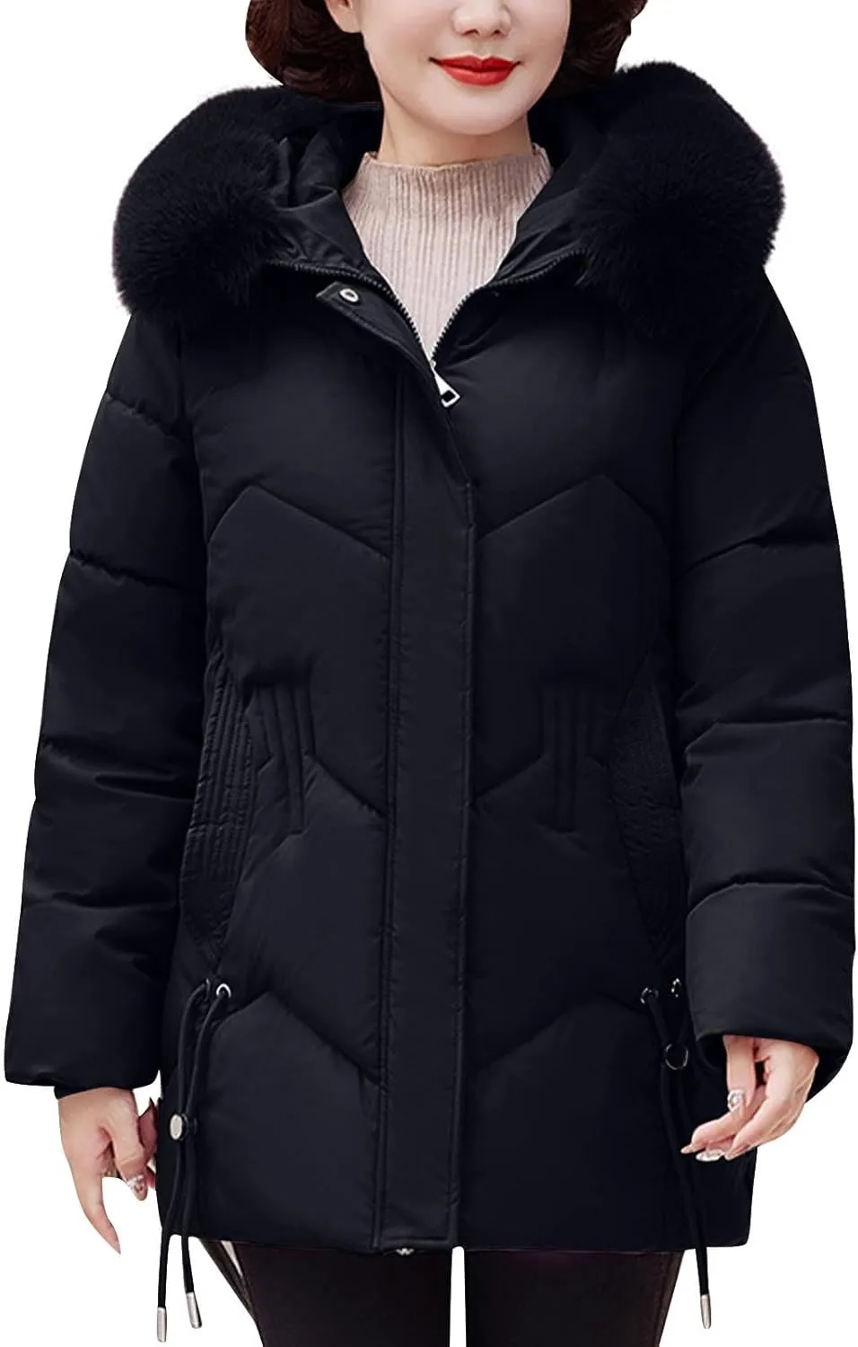 Women's Winter Coats Faux Fur Trim Hooded Puffer Jackets Quilted Cropped Thickened Down Coats Casual Warm Outerwear