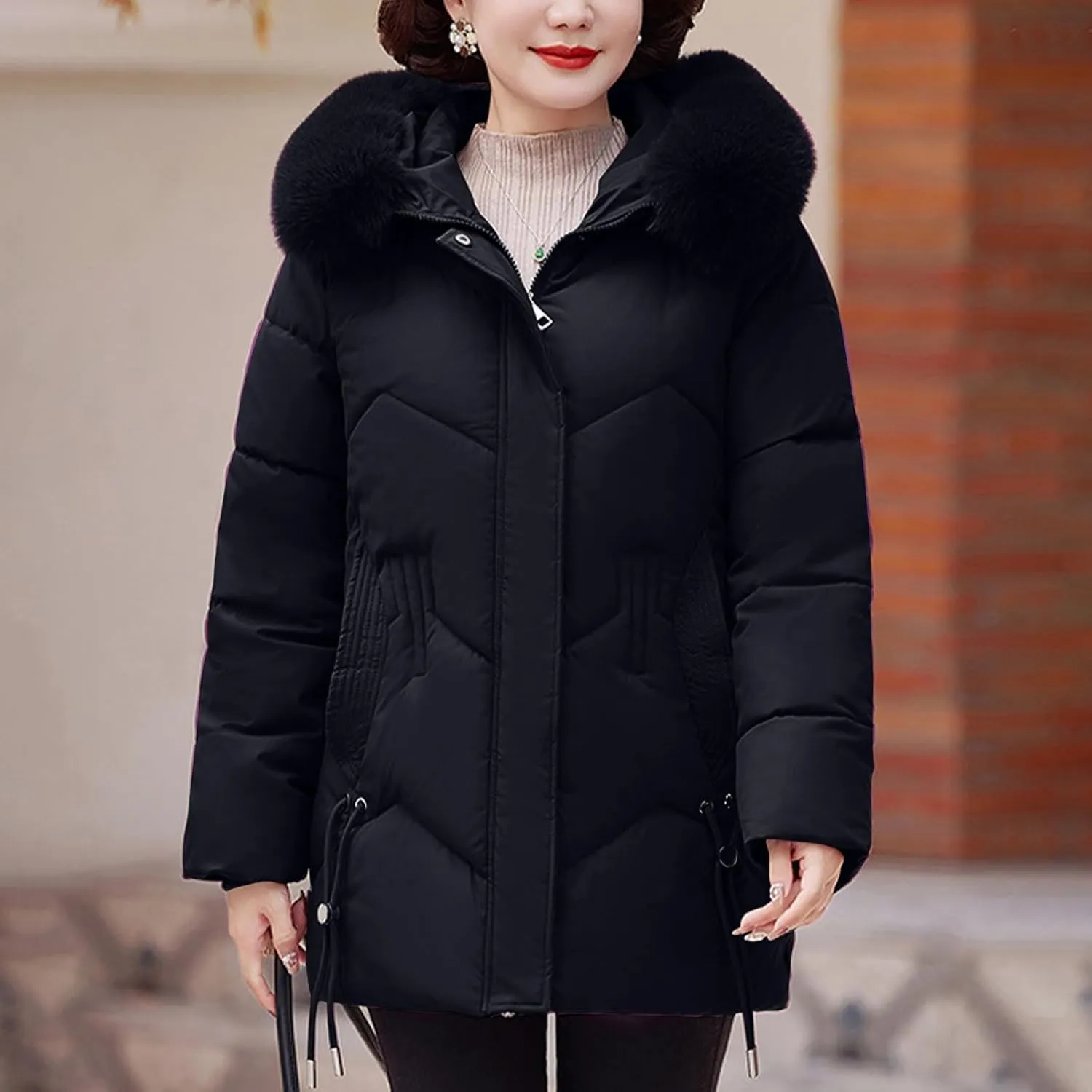 Women's Winter Coats Faux Fur Trim Hooded Puffer Jackets Quilted Cropped Thickened Down Coats Casual Warm Outerwear