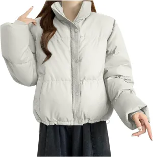 Women's Winter Jackets Long Sleeve Zip Puffer Jacket Solid Color Stand Collar Baggy Short Down Coats with Pockets