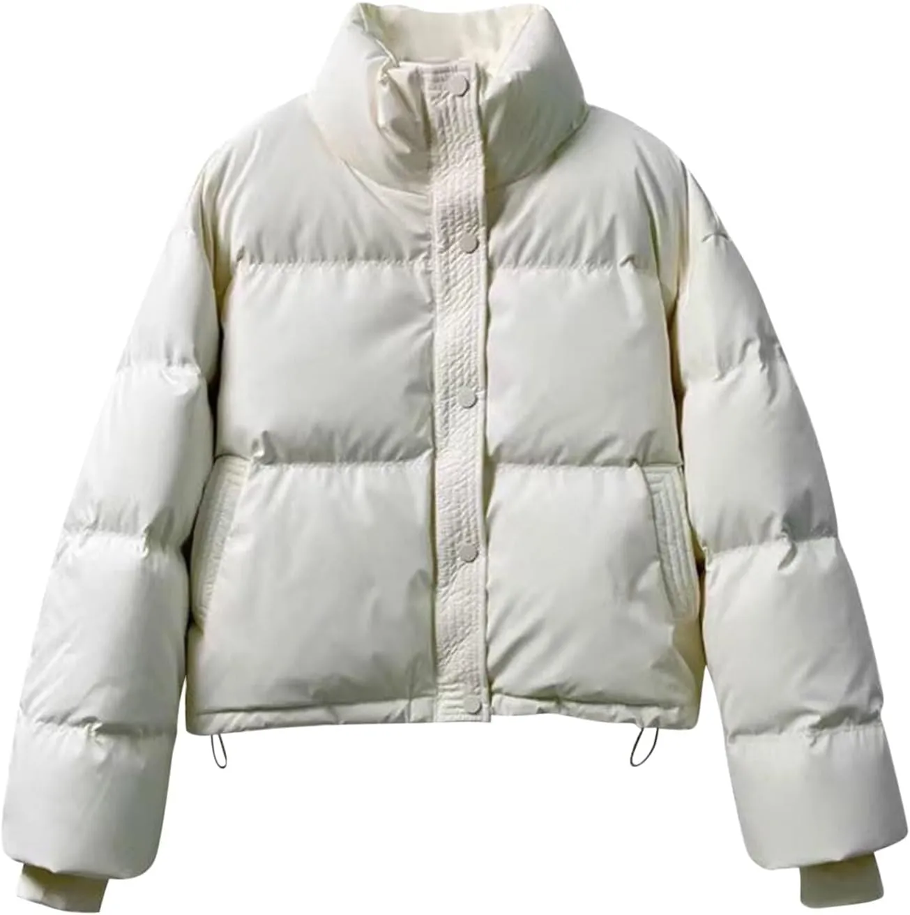 Women's Winter Jackets Long Sleeve Zip Puffer Jacket Solid Color Stand Collar Baggy Short Down Coats with Pockets