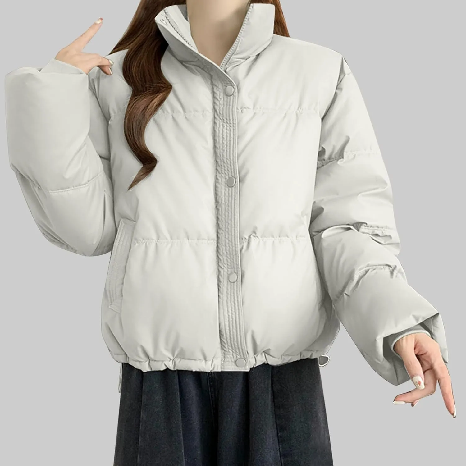 Women's Winter Jackets Long Sleeve Zip Puffer Jacket Solid Color Stand Collar Baggy Short Down Coats with Pockets