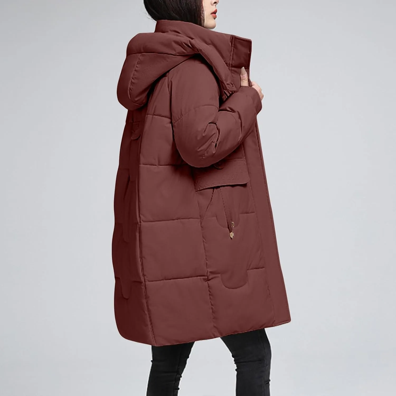 Women's Winter New Puffer Coat Casual Solid Midi Zipper Down Jackets Lightweight Long Quilted Outerwear with Pocket