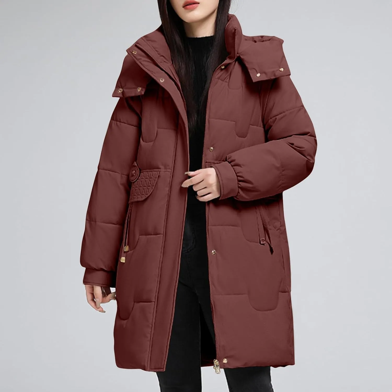 Women's Winter New Puffer Coat Casual Solid Midi Zipper Down Jackets Lightweight Long Quilted Outerwear with Pocket