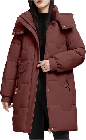Women's Winter New Puffer Coat Casual Solid Midi Zipper Down Jackets Lightweight Long Quilted Outerwear with Pocket