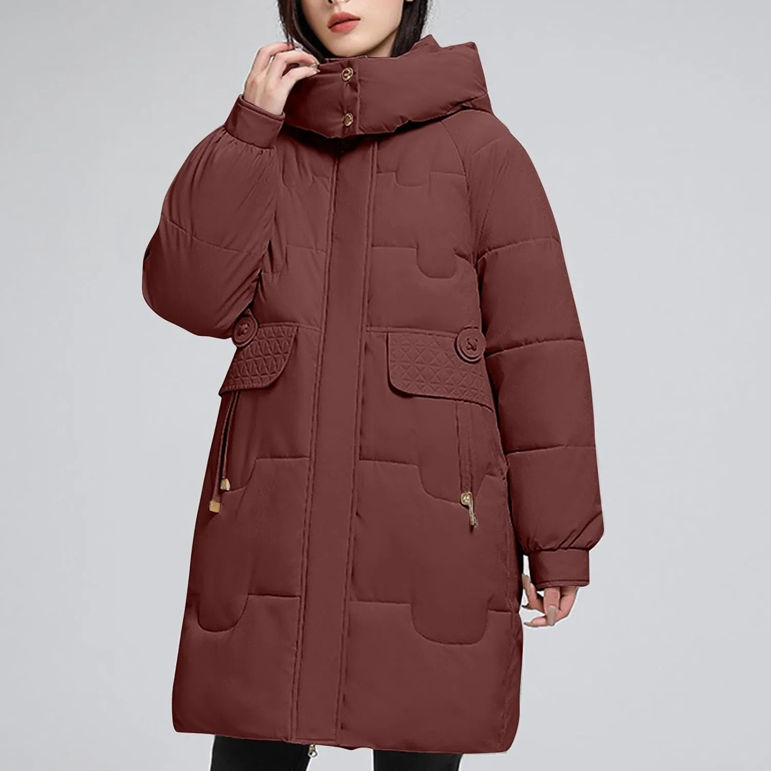 Women's Winter New Puffer Coat Casual Solid Midi Zipper Down Jackets Lightweight Long Quilted Outerwear with Pocket