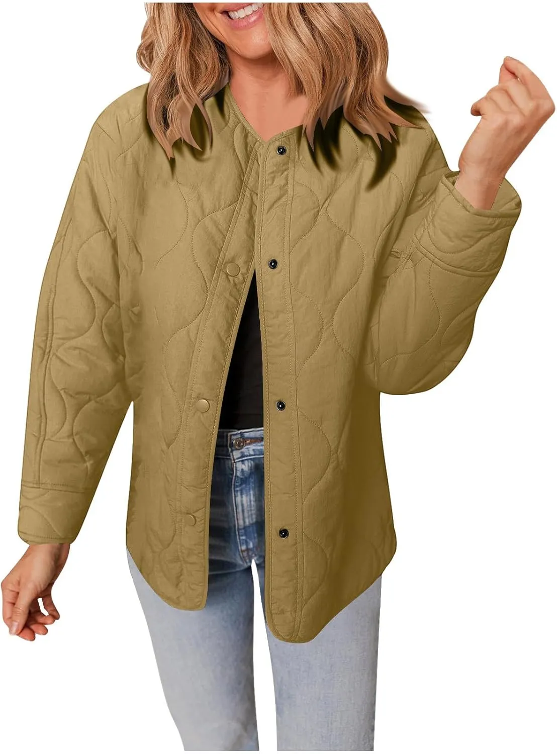 Womens Winter Quilted Jackets Long Sleeve Button Down Puffer Jacket Warm Lightweight Down Coats with Pockets