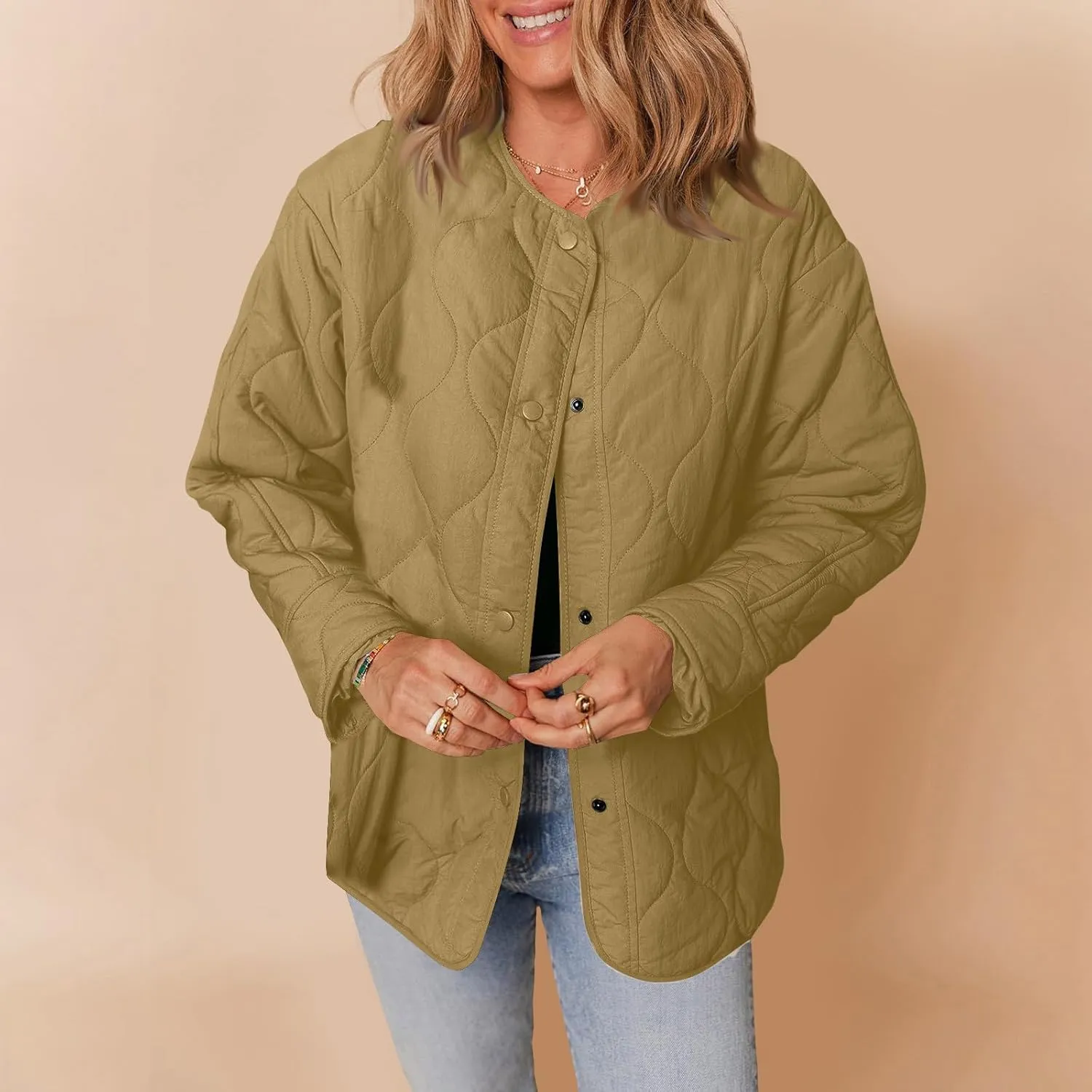 Womens Winter Quilted Jackets Long Sleeve Button Down Puffer Jacket Warm Lightweight Down Coats with Pockets