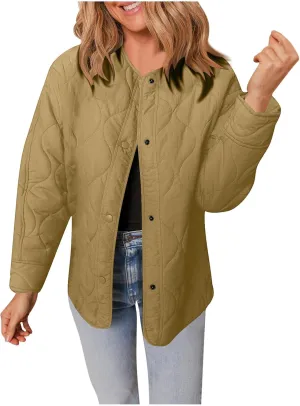 Womens Winter Quilted Jackets Long Sleeve Button Down Puffer Jacket Warm Lightweight Down Coats with Pockets
