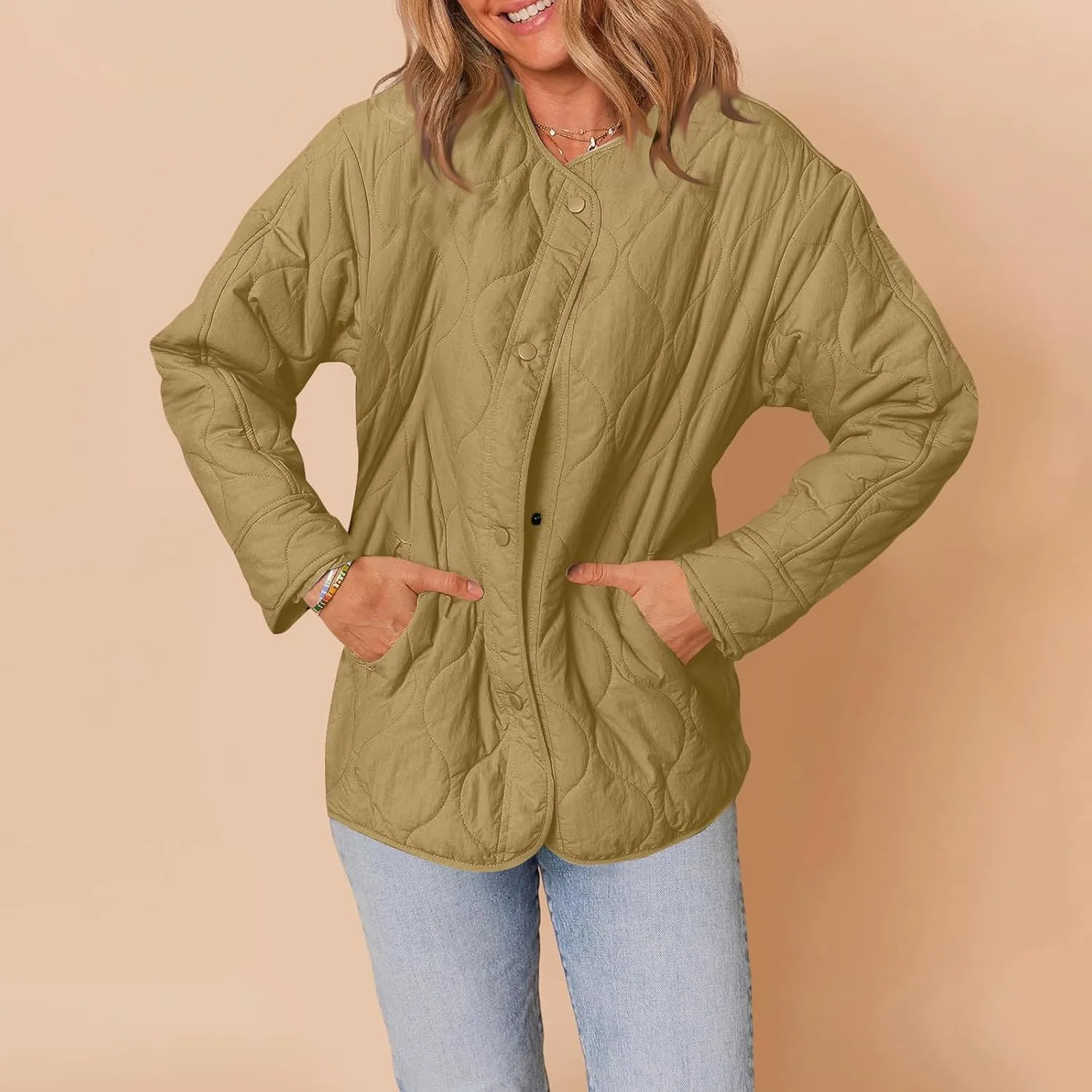 Womens Winter Quilted Jackets Long Sleeve Button Down Puffer Jacket Warm Lightweight Down Coats with Pockets