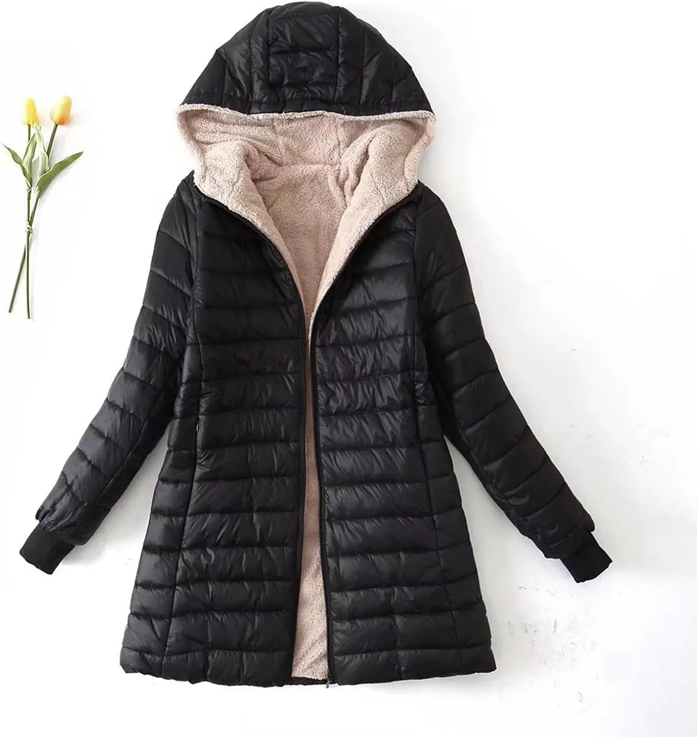 XUNRYAN Women's Winter Jacket Lightweight Quilted Puffer Parka Coat Sherpa Lined Ski Jacket for Women Plus Size Jacket Hood