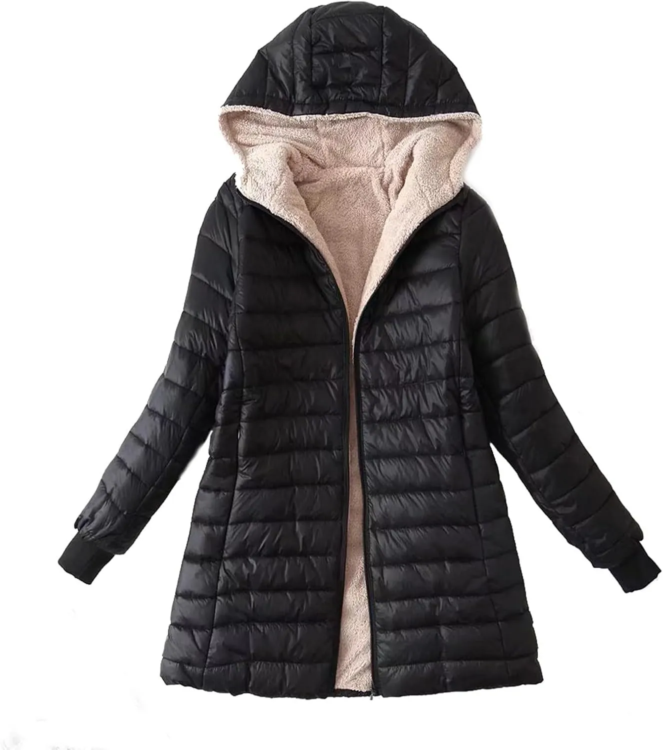 XUNRYAN Women's Winter Jacket Lightweight Quilted Puffer Parka Coat Sherpa Lined Ski Jacket for Women Plus Size Jacket Hood