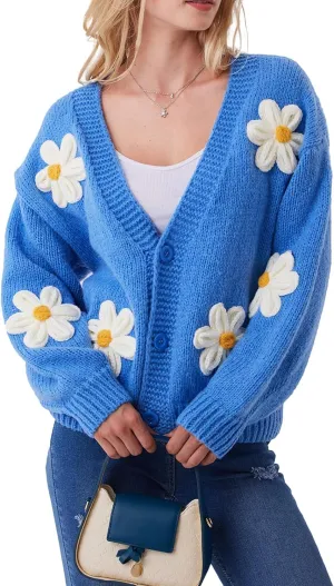 Y2k Sweater Cardigan for Women, Long Sleeve V-Neck Button Crochet Flower Knit Womens Clothes.