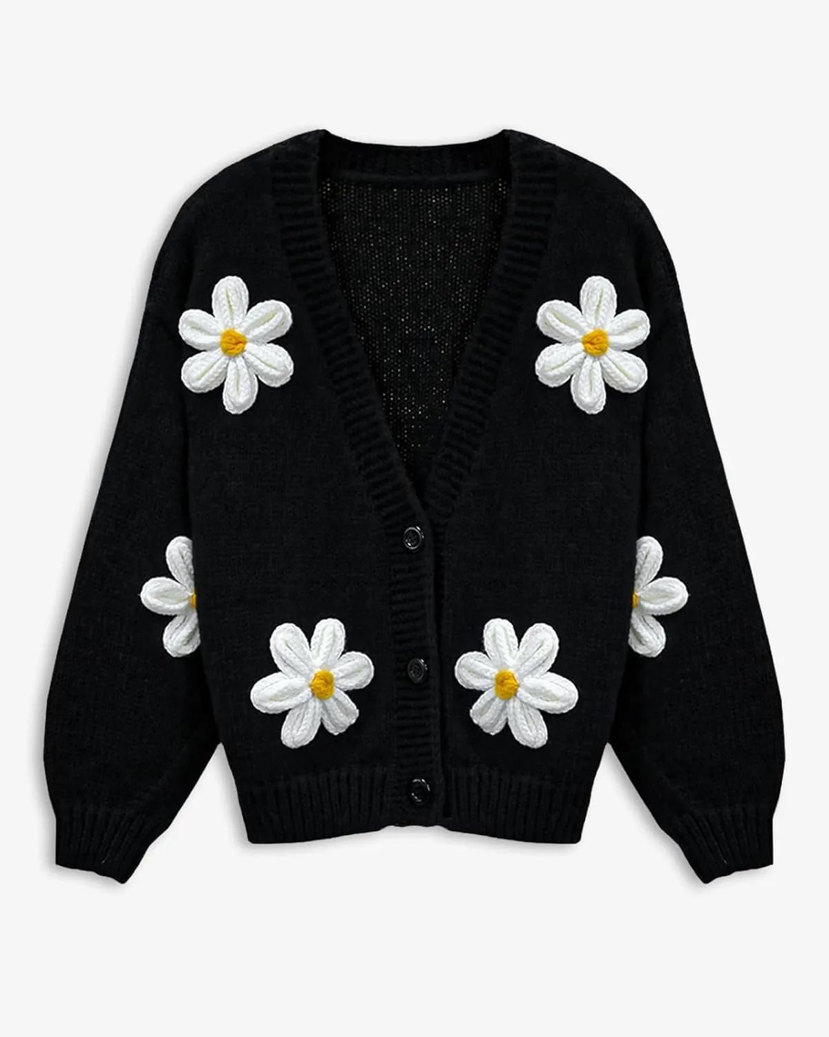 Y2k Sweater Cardigan for Women, Long Sleeve V-Neck Button Crochet Flower Knit Womens Clothes.
