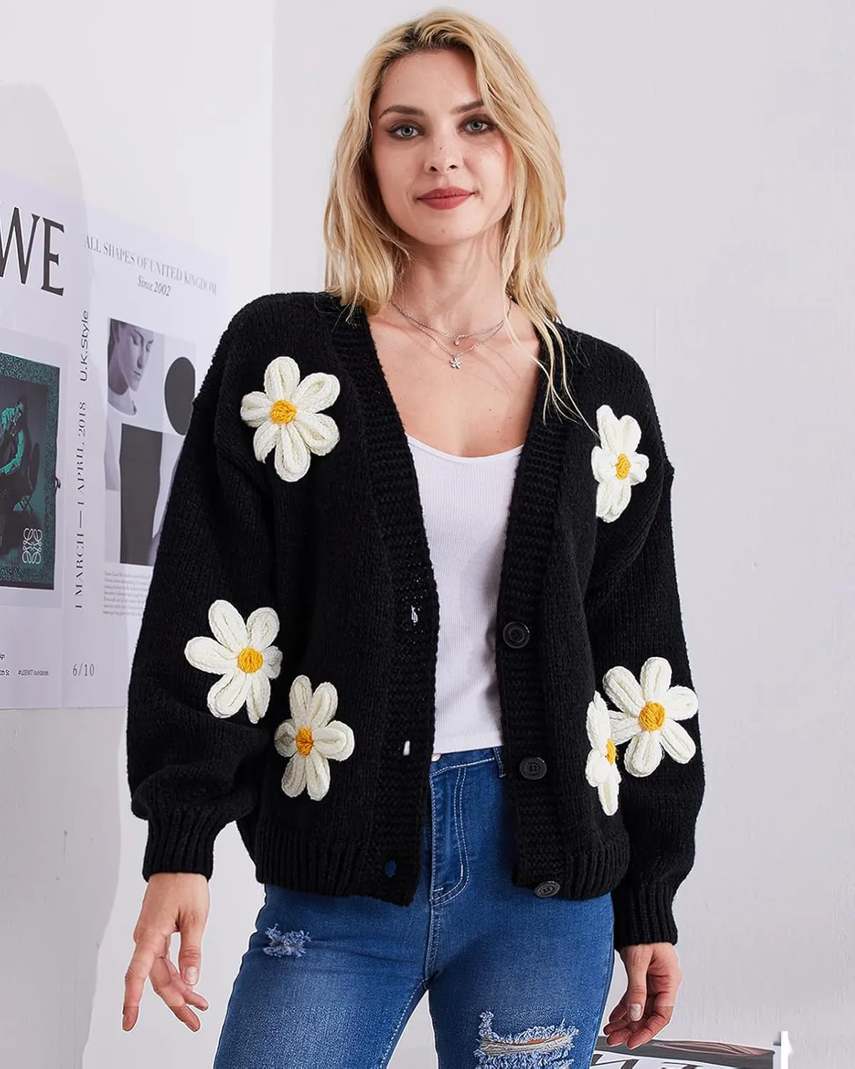 Y2k Sweater Cardigan for Women, Long Sleeve V-Neck Button Crochet Flower Knit Womens Clothes.