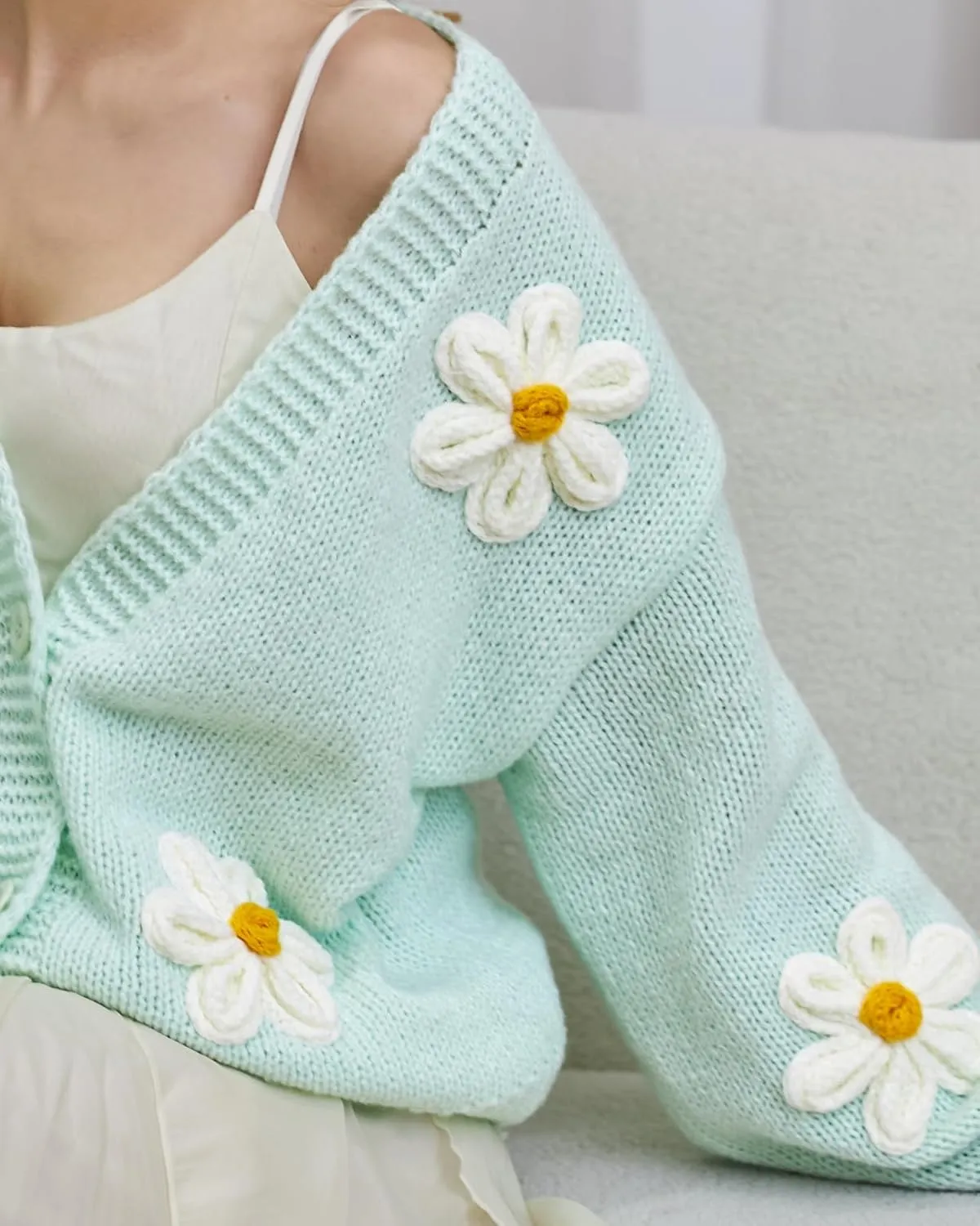 Y2k Sweater Cardigan for Women, Long Sleeve V-Neck Button Crochet Flower Knit Womens Clothes.