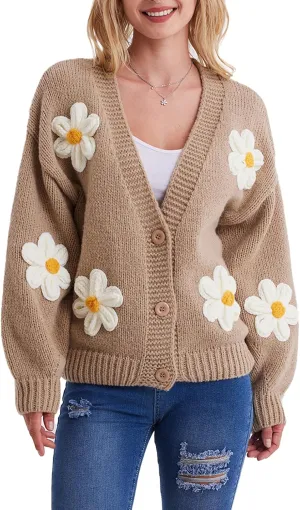 Y2k Sweater Cardigan for Women, Long Sleeve V-Neck Button Crochet Flower Knit Womens Clothes.