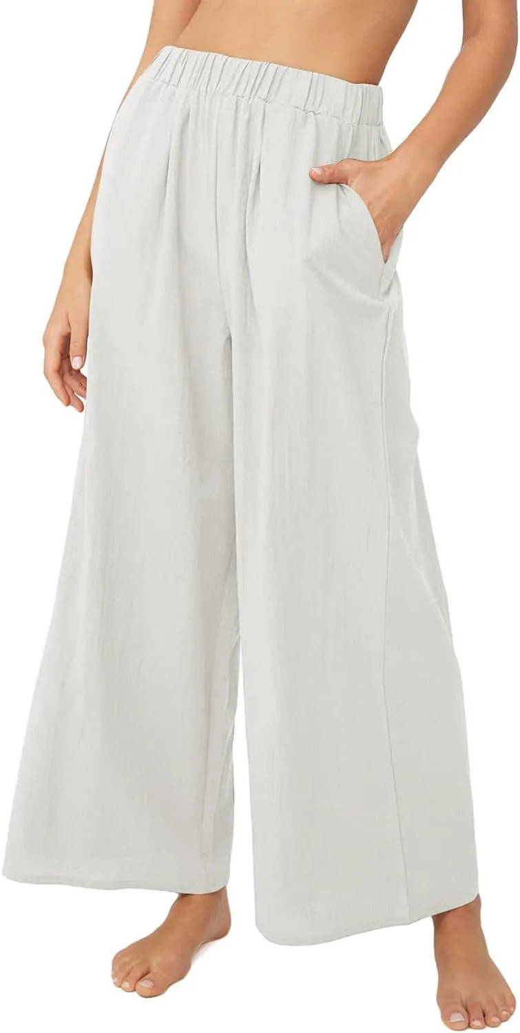 yoeasy Women Wide Leg Linen Elastic Waist Pants Casual Loose Palazzo Beach Trousers