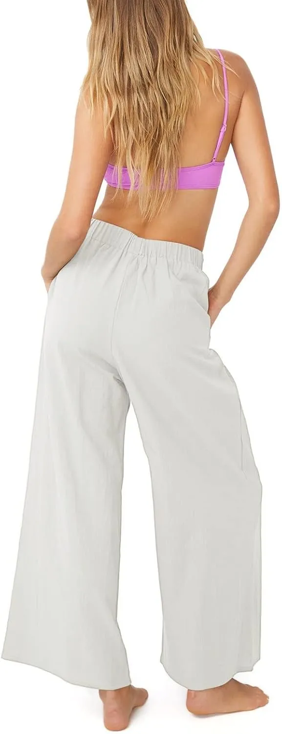 yoeasy Women Wide Leg Linen Elastic Waist Pants Casual Loose Palazzo Beach Trousers